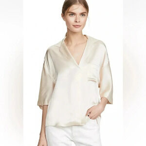 Vince 100% Silk Satin Silk Pajama Shirt Blouse, Pale Alder (Cream) Size XS